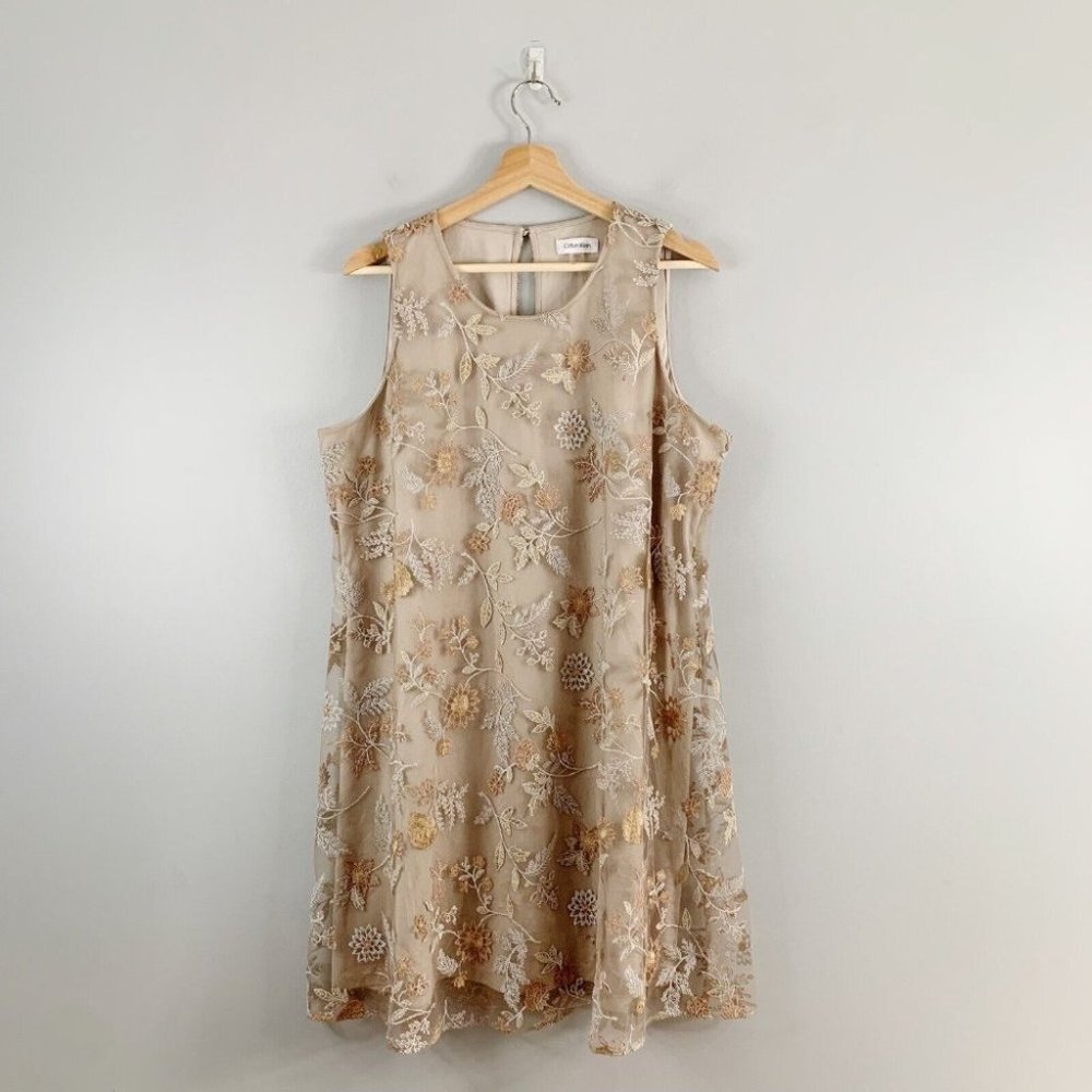 Calvin Klein Floral Embroidered Mini Dress - Beige